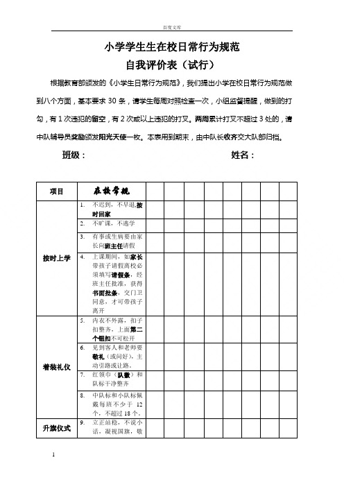 小学生在校日常行为规范自我评价表(试行)
