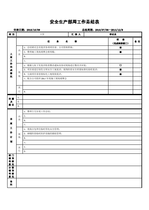 安全生产部周工作总结表