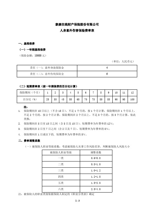 泰康在线财产保险股份有限公司人身意外伤害保险费率表