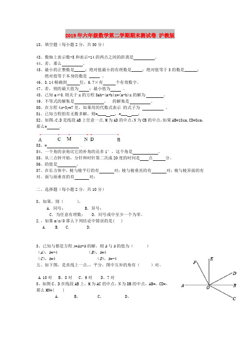 2019年六年级数学第二学期期末测试卷 沪教版