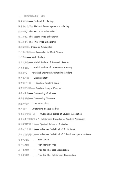 各种奖学金、社团、证书、竞赛奖项中英文对照