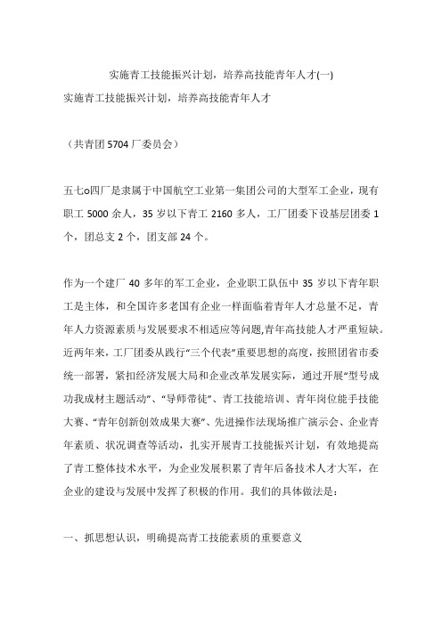 实施青工技能振兴计划,培养高技能青年人才(一)