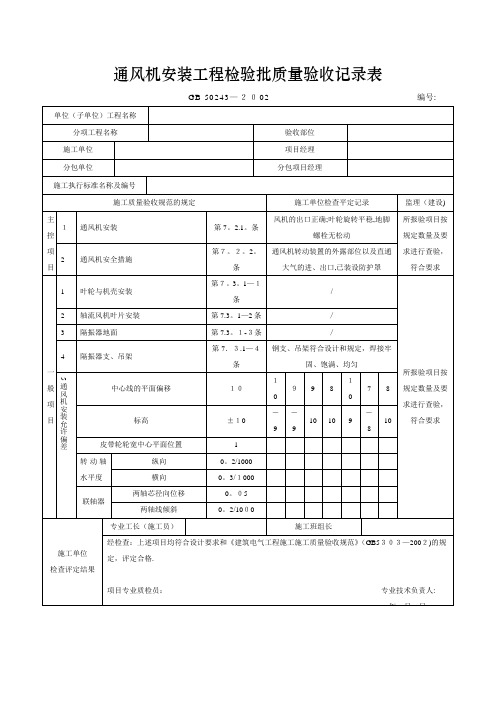 通风机安装工程检验批质量验收记录表