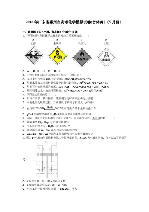 惠州市2016届高三化学模拟试卷(音体美)(5月份) 含解析