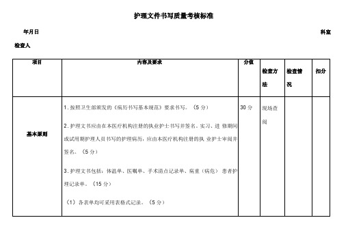 护理文件书写质量考核标准