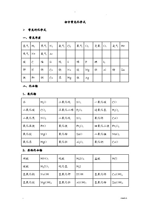 初中常见化学式大全