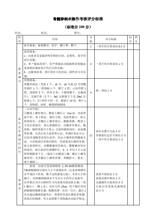 骨髓穿刺术操作考核评分标准