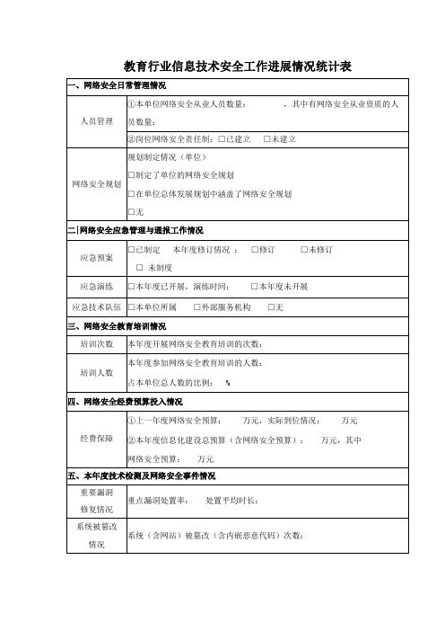 教育行业信息技术安全工作进展情况统计表