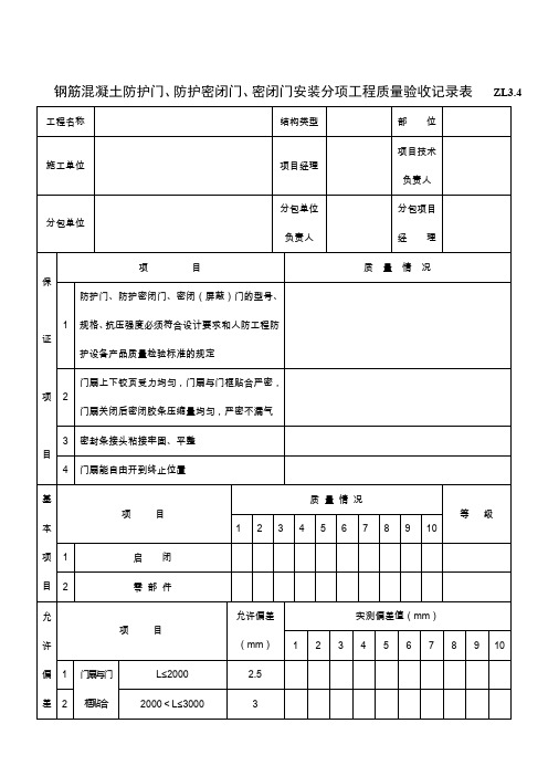 钢筋混凝土防护门、防护密闭门、密闭门安装分项工程质量验收记录表