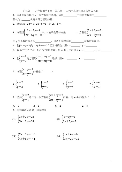 沪教版 六年级数学下册  第六章  二元一次方程组及其解法2