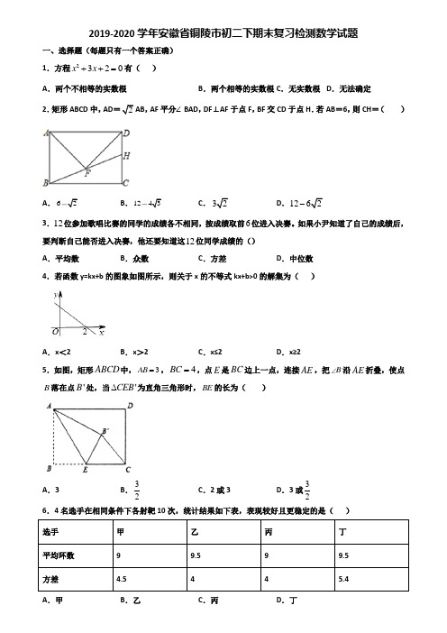 2019-2020学年安徽省铜陵市初二下期末复习检测数学试题含解析