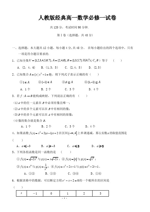 人教版经典高一数学必修一试题