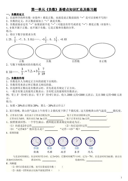 人教版六年级数学下册第一单元负数易错知识点汇总及练习题