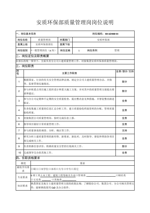 安质环保部质量管理岗岗位说明