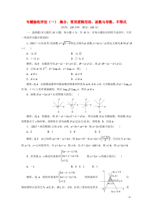 2018年高考数学二轮专题复习专题验收评估(一)集合、常用逻辑用语、函数与导数、不等式