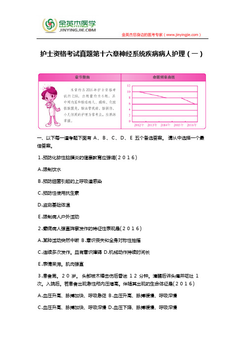 护士资格考试真题第十六章神经系统疾病病人护理(一)