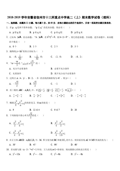 安徽省宿州市十三所重点中学2018-2019学年高二上学期期末质量检测数学(理)试题(解析版)