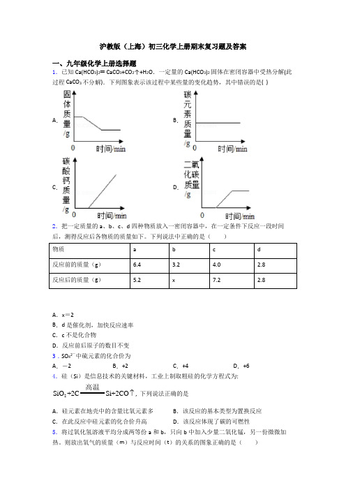 沪教版(上海)初三化学初三化学上册期末复习题及答案