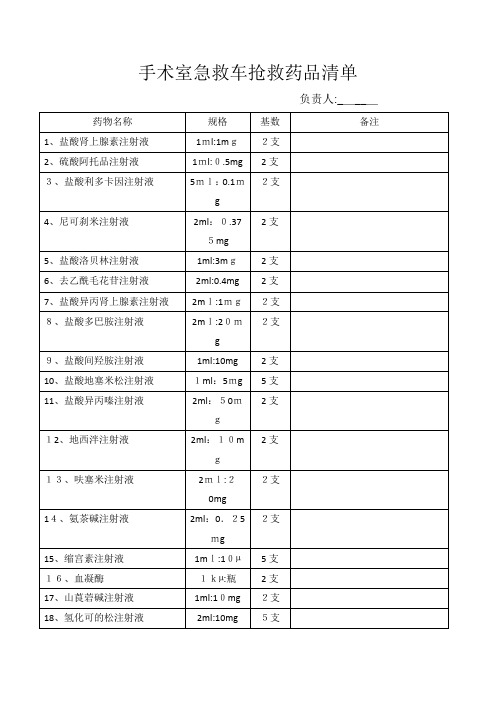 手术室急救车抢救药品清单