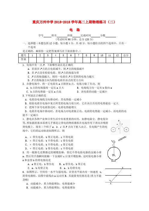 最新-重庆万州中学2018学年高二物理上期 电场练习(二)