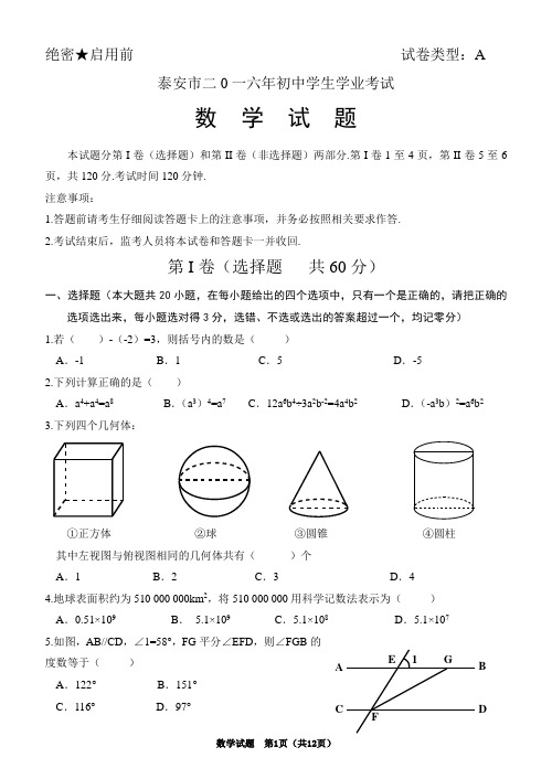 2016年泰安市中考数学试题及答案(WORD版)