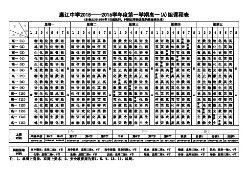 2015--2016学年度高一A组第一学期(高一上)课程表