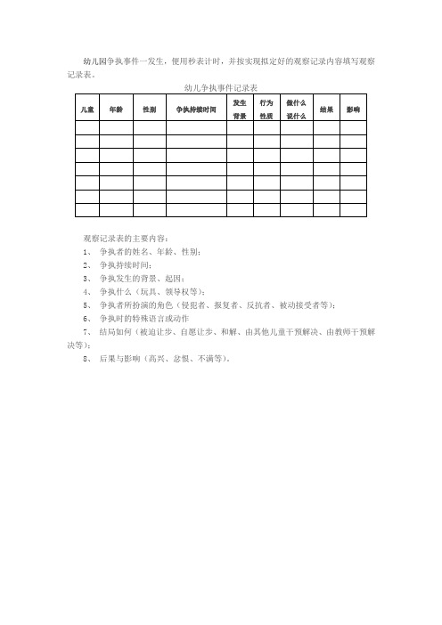 观察表：幼儿争执事件记录表