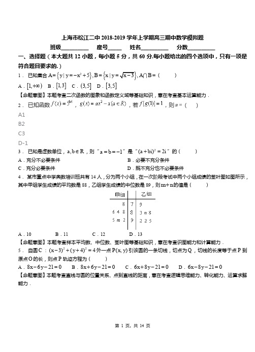 上海市松江二中2018-2019学年上学期高三期中数学模拟题