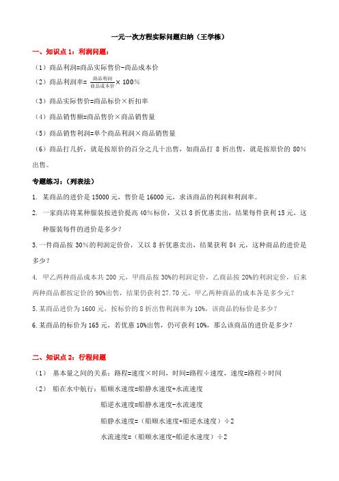 七年级数学一元一次方程实际问题归纳