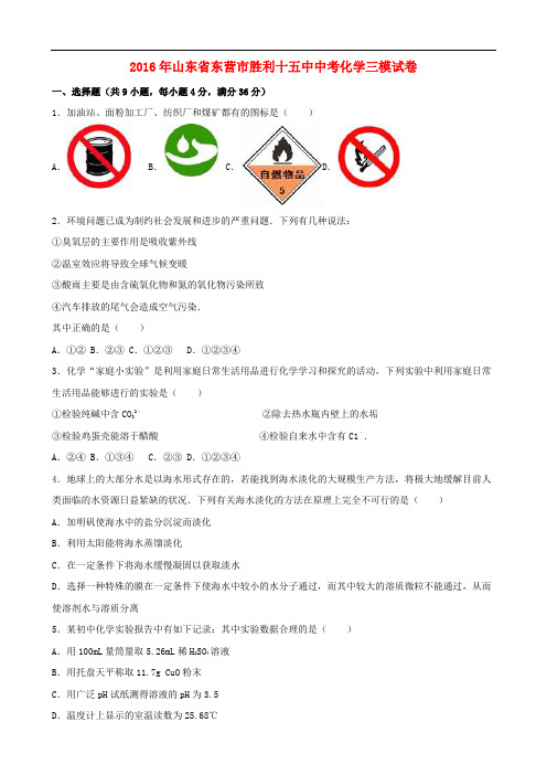 山东省东营市胜利十五中中考化学三模试卷(含解析)