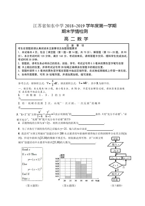 【数学】江苏省如东中学2018-2019学年度高二上学期期末学情检测数学试题