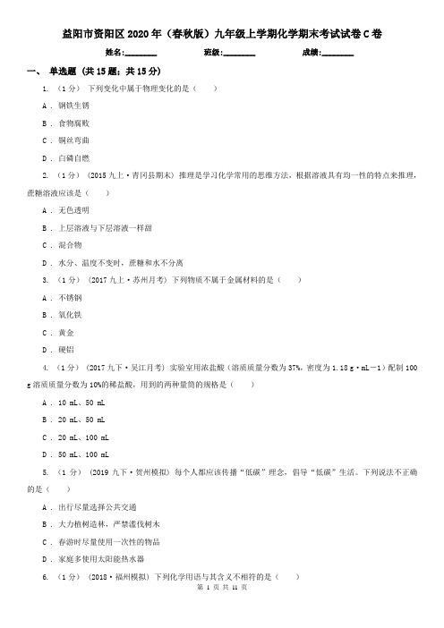 益阳市资阳区2020年(春秋版)九年级上学期化学期末考试试卷C卷