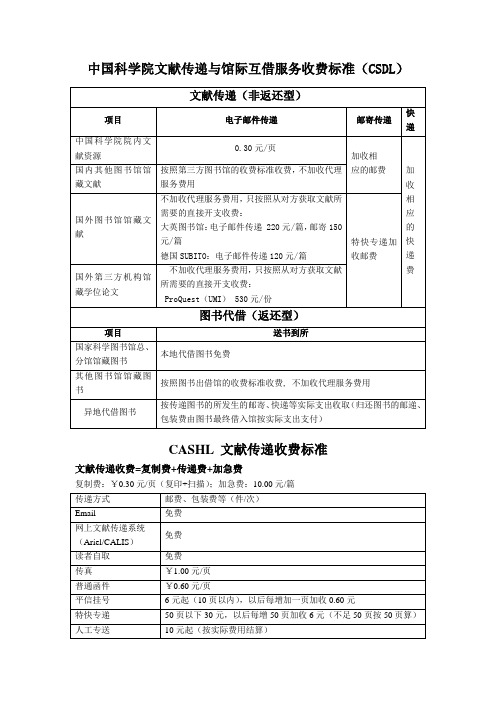 中国科学院文献传递与馆际互借服务收费标准(CSDL)