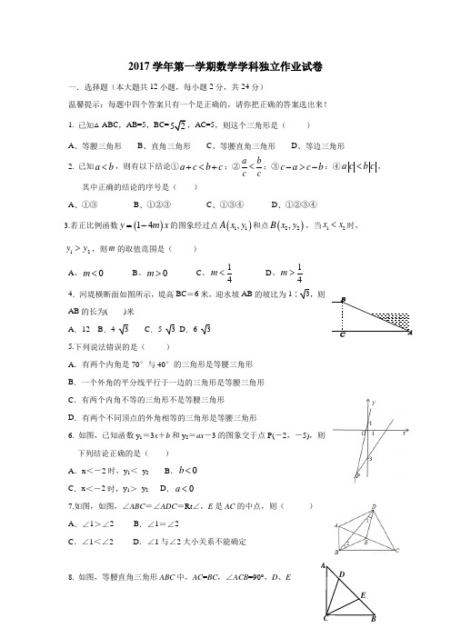 学校17—18学年上学期八年级期末模拟数学试题(附答案)