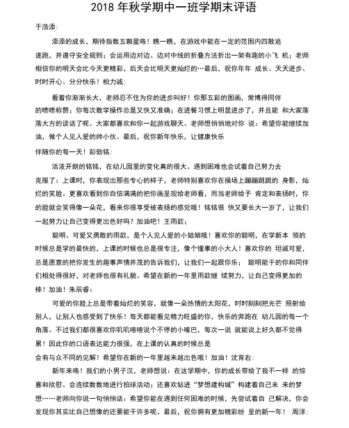 2018年秋学期中一班学期末评语