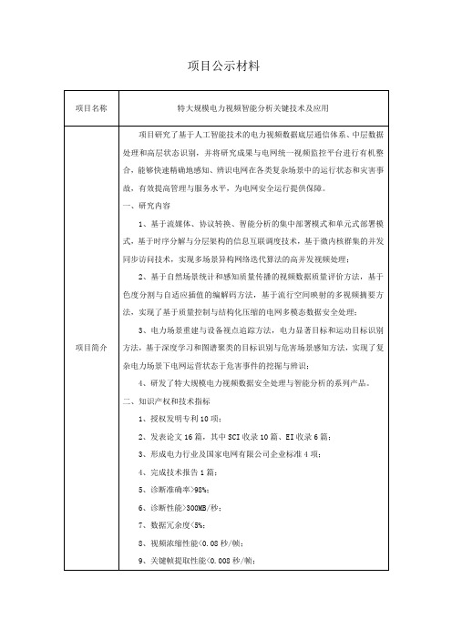 项目公示材料项目名称特大规模电力视频智能分析关键技术及应用项目