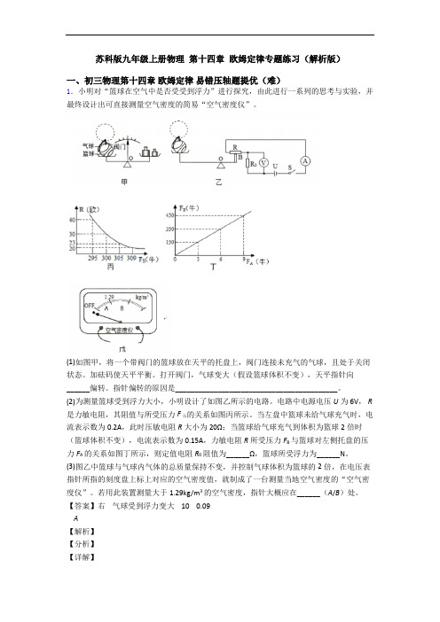 苏科版九年级上册物理 第十四章 欧姆定律专题练习(解析版)