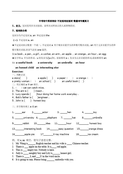 2020中考初中英语语法-不定冠词定冠词-数量词专题复习