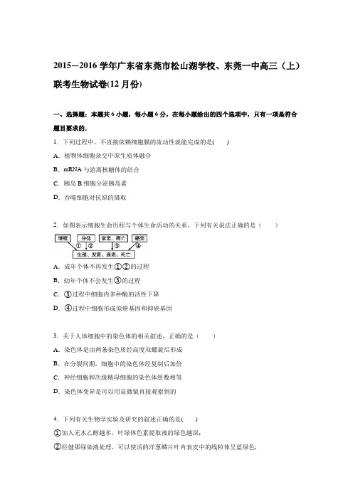东莞市松山湖学校、东莞一中2016届高三上学期联考生物试卷(12月份) 含解析