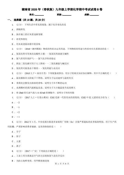 湖南省2020年(春秋版)九年级上学期化学期中考试试卷B卷(新版)