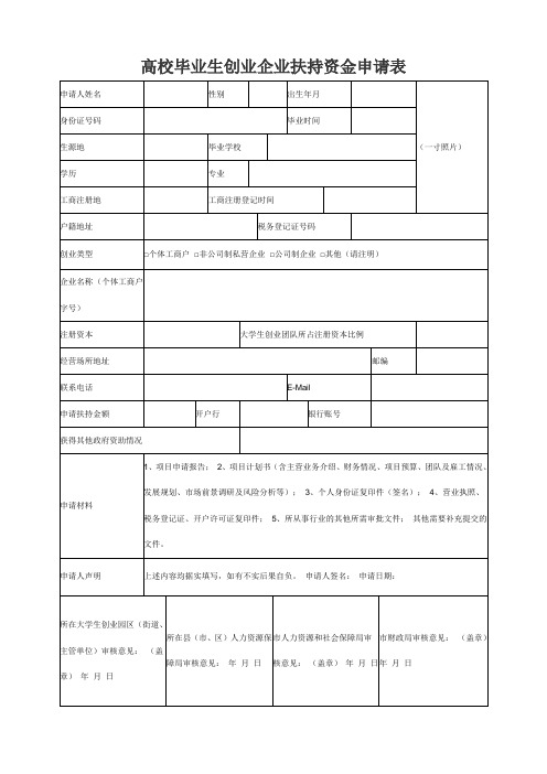 高校毕业生创业企业扶持资金申请表