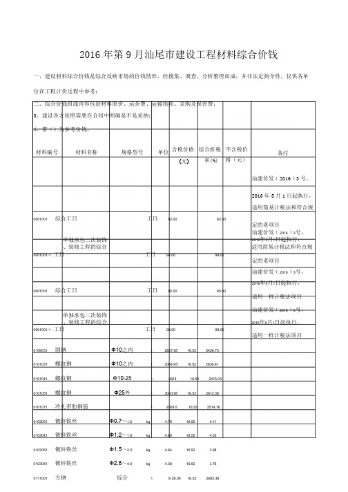 2016年第9月汕尾市建设工程材料综合价钱