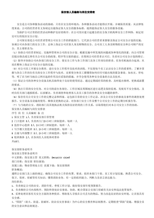 保安部人员编制与岗位安排表