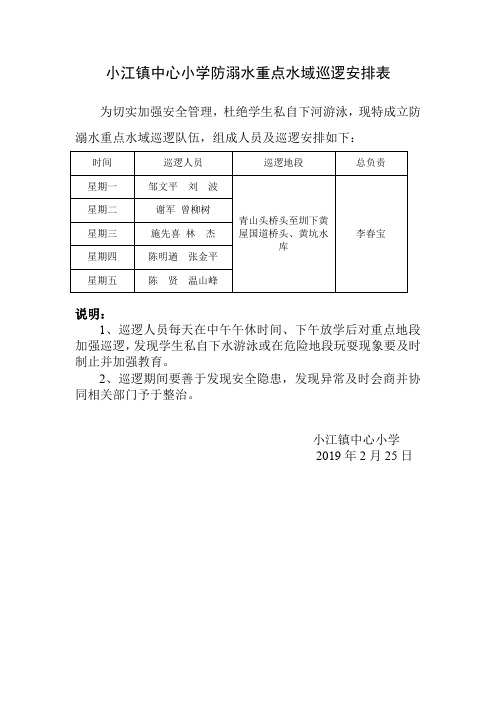 小江镇中心小学防溺水重点水域巡逻安排表