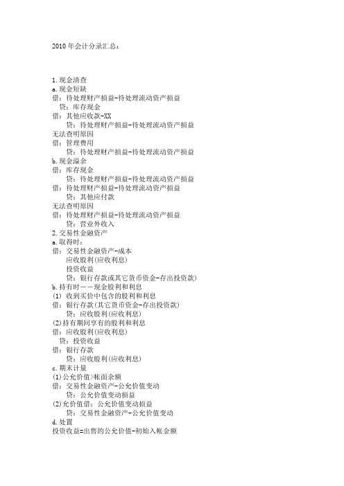2010年会计分录大全