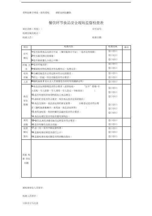 餐饮环节食品安全现场监督检查表