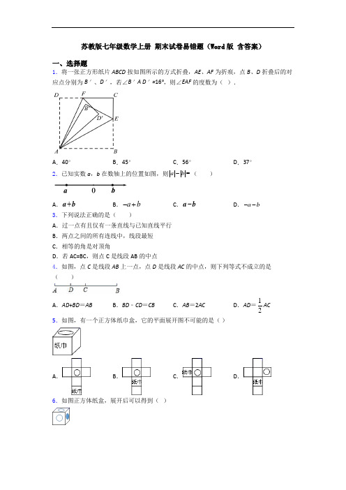 苏教版七年级数学上册 期末试卷易错题(Word版 含答案)