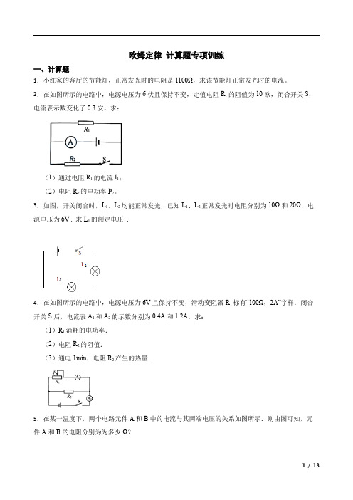 欧姆定律 计算题专项训练   九年级全一册物理 