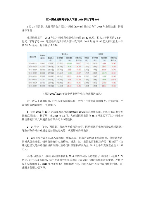 江中药业连续两年收入下滑 2016同比下降40%