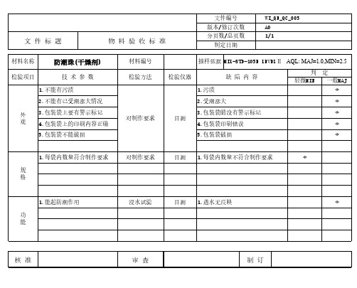 防潮珠(干燥剂)来料检验作业指导书